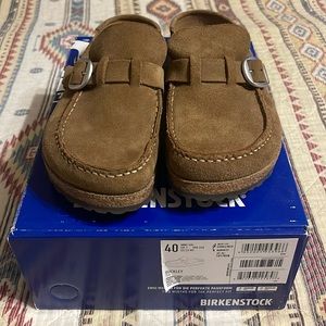 Birkenstock Buckley Tea Suede Leather Clogs with small silver buckle.
